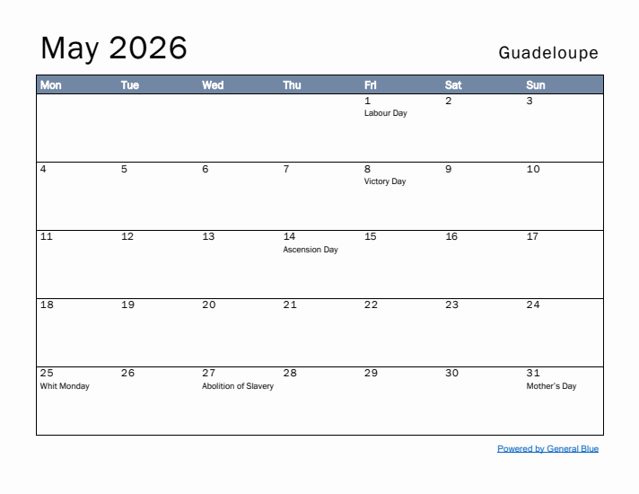 May 2026 Simple Monthly Calendar for Guadeloupe