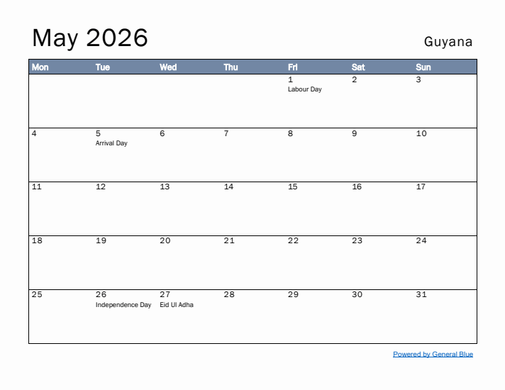 May 2026 Simple Monthly Calendar for Guyana