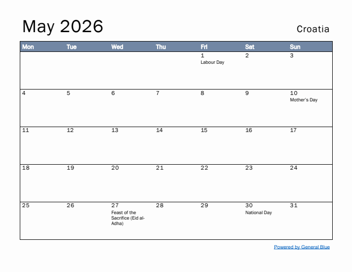 May 2026 Simple Monthly Calendar for Croatia