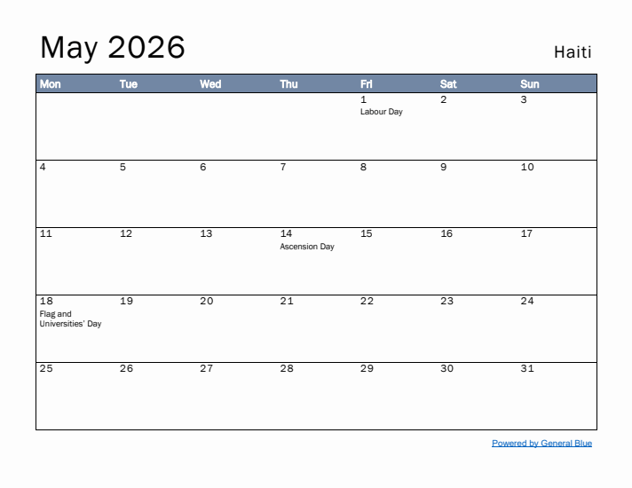 May 2026 Simple Monthly Calendar for Haiti