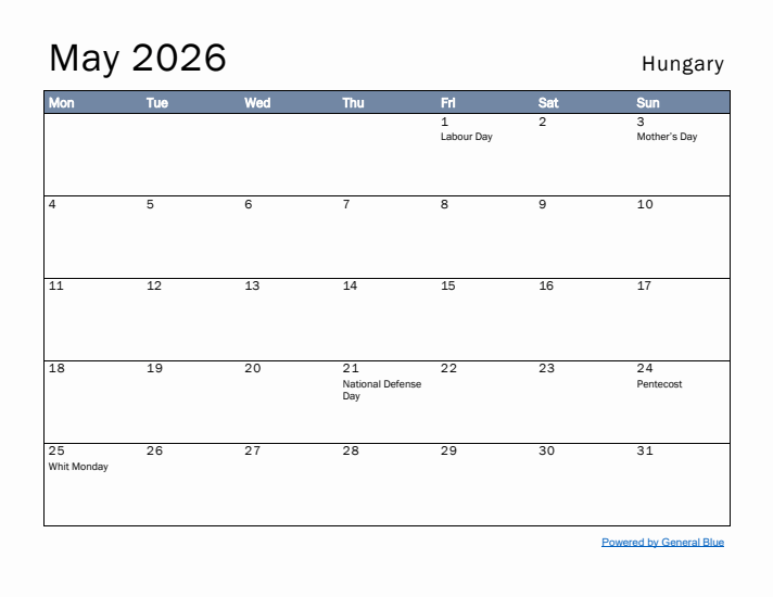 May 2026 Simple Monthly Calendar for Hungary