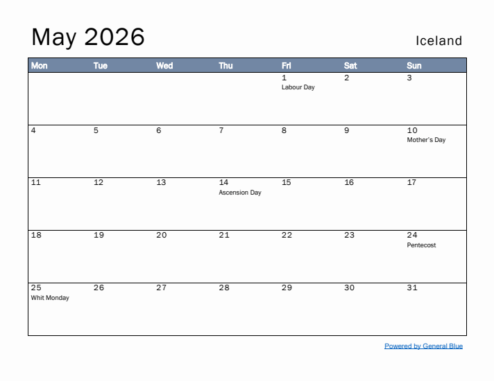 May 2026 Simple Monthly Calendar for Iceland