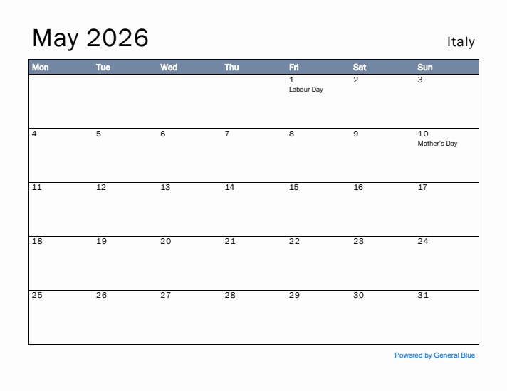 May 2026 Simple Monthly Calendar for Italy