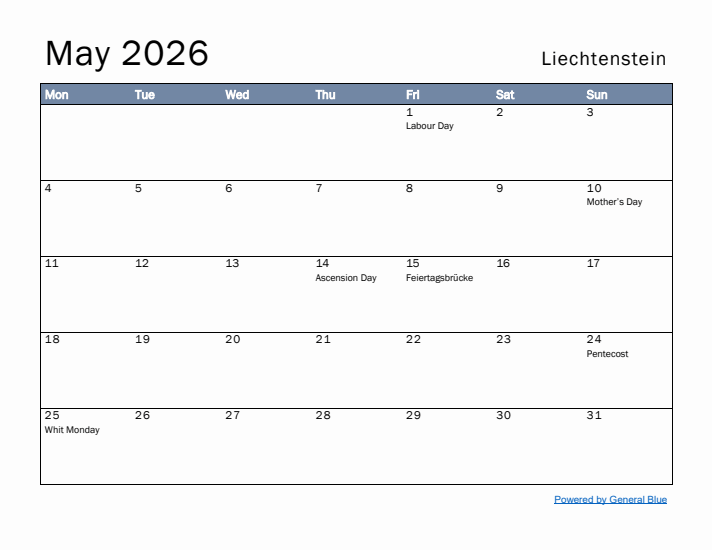 May 2026 Simple Monthly Calendar for Liechtenstein