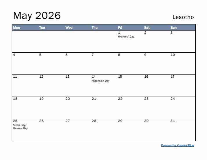 May 2026 Simple Monthly Calendar for Lesotho