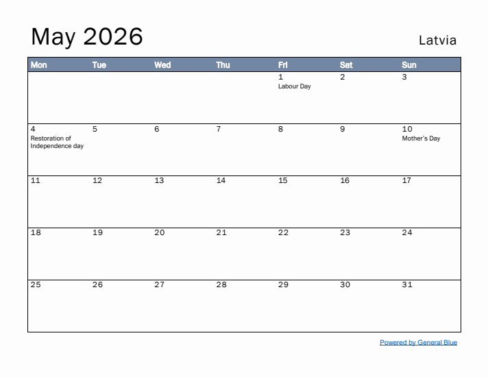 May 2026 Simple Monthly Calendar for Latvia