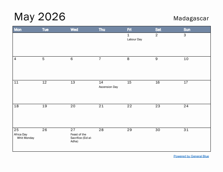 May 2026 Simple Monthly Calendar for Madagascar