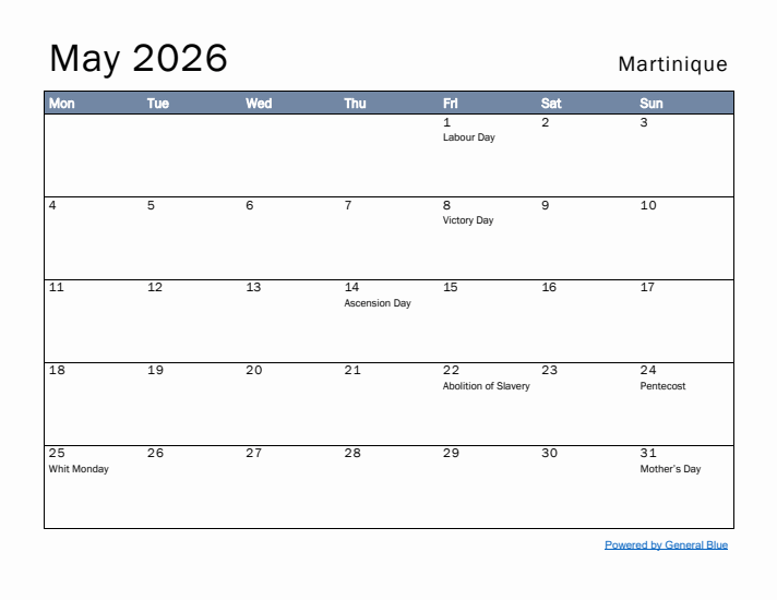 May 2026 Simple Monthly Calendar for Martinique