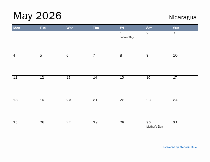 May 2026 Simple Monthly Calendar for Nicaragua