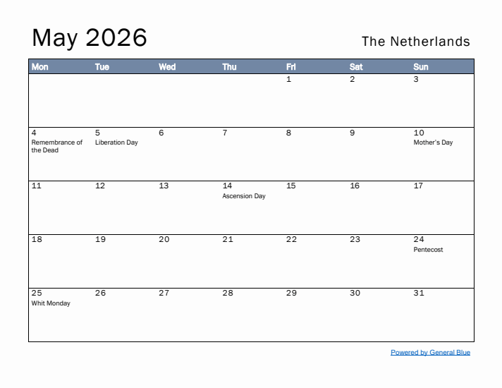 May 2026 Simple Monthly Calendar for The Netherlands