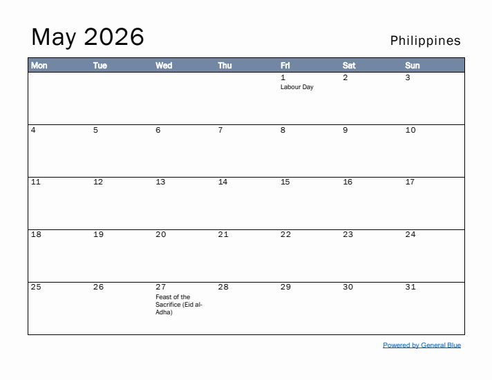 May 2026 Simple Monthly Calendar for Philippines