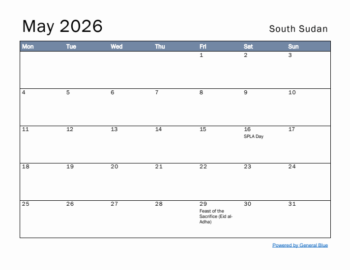 May 2026 Simple Monthly Calendar for South Sudan