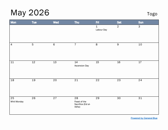 May 2026 Simple Monthly Calendar for Togo