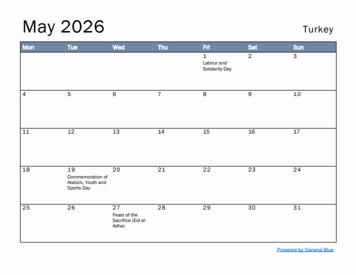 May 2026 Simple Monthly Calendar for Turkey