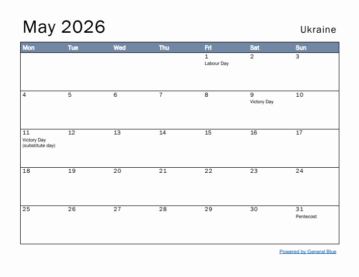 May 2026 Simple Monthly Calendar for Ukraine