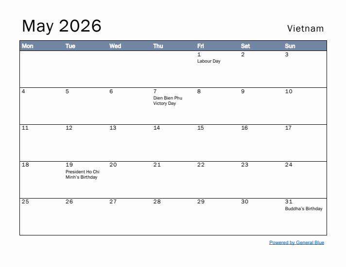 May 2026 Simple Monthly Calendar for Vietnam