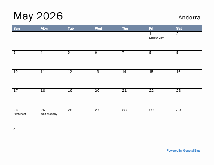 May 2026 Simple Monthly Calendar for Andorra