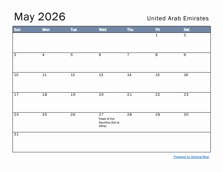 May 2026 Simple Monthly Calendar for United Arab Emirates