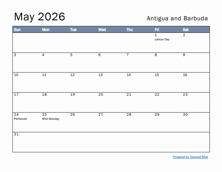 May 2026 Simple Monthly Calendar for Antigua and Barbuda