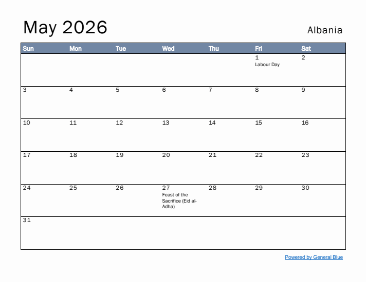 May 2026 Simple Monthly Calendar for Albania