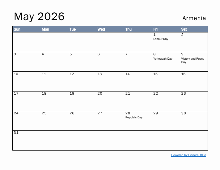 May 2026 Simple Monthly Calendar for Armenia