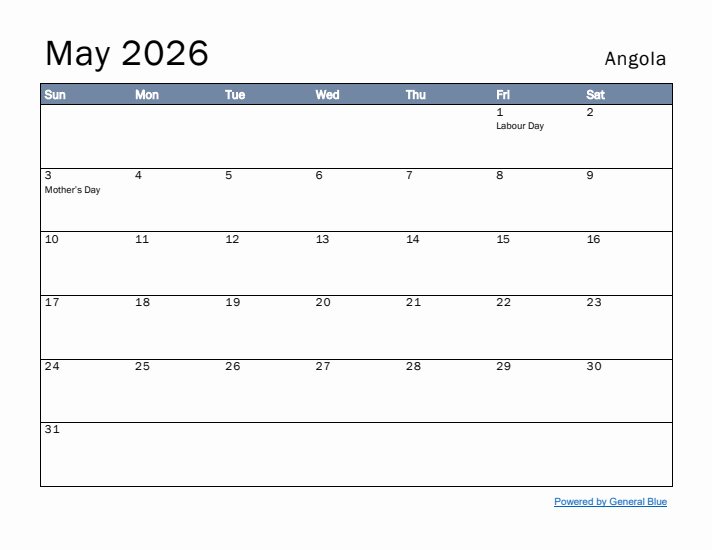 May 2026 Simple Monthly Calendar for Angola