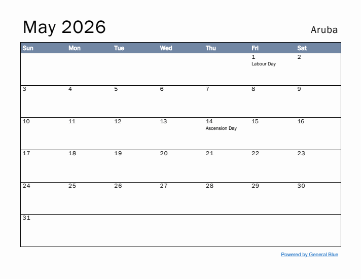 May 2026 Simple Monthly Calendar for Aruba