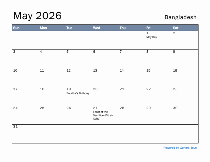 May 2026 Simple Monthly Calendar for Bangladesh