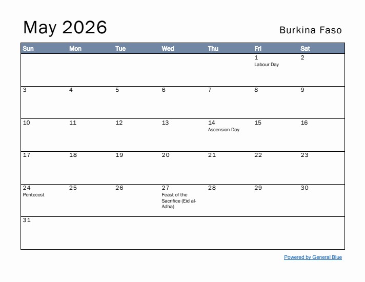 May 2026 Simple Monthly Calendar for Burkina Faso