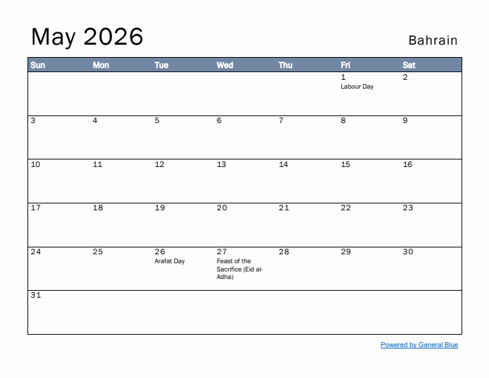 May 2026 Simple Monthly Calendar for Bahrain