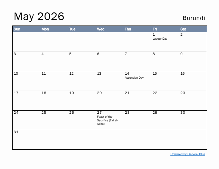 May 2026 Simple Monthly Calendar for Burundi