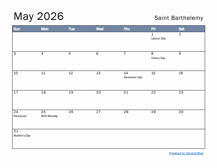 May 2026 Simple Monthly Calendar for Saint Barthelemy