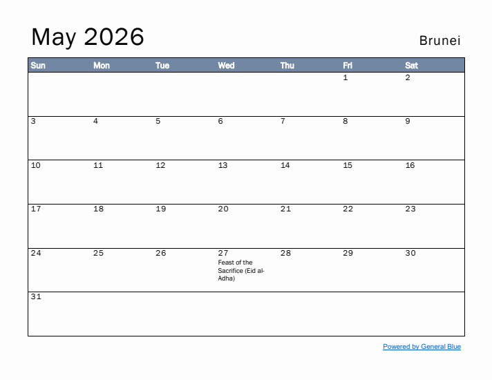 May 2026 Simple Monthly Calendar for Brunei