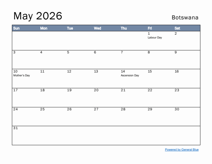 May 2026 Simple Monthly Calendar for Botswana