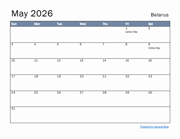 May 2026 Simple Monthly Calendar for Belarus