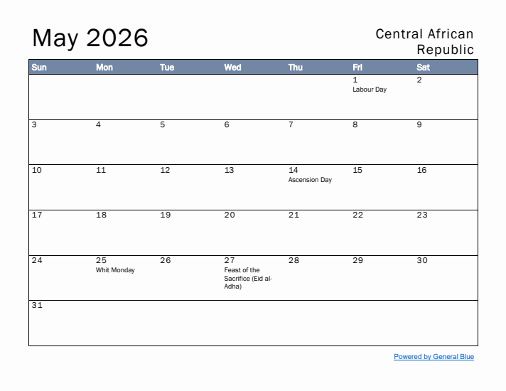 May 2026 Simple Monthly Calendar for Central African Republic