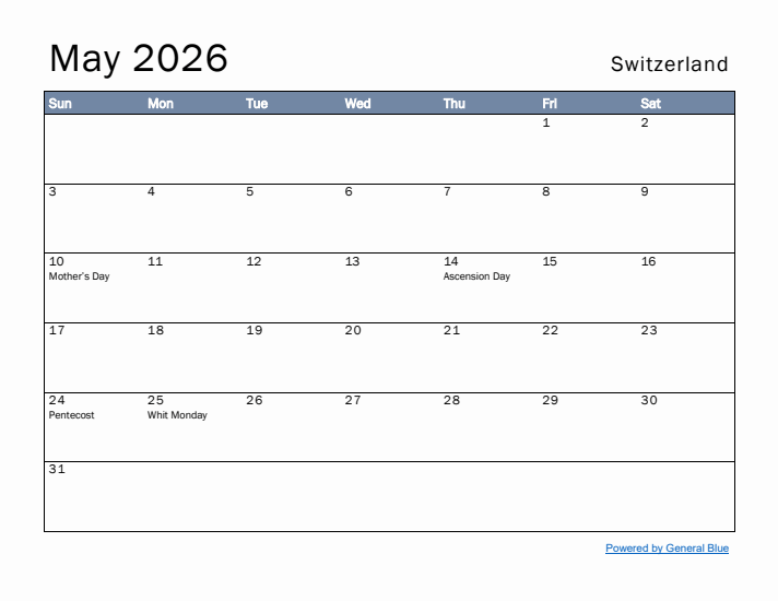 May 2026 Simple Monthly Calendar for Switzerland