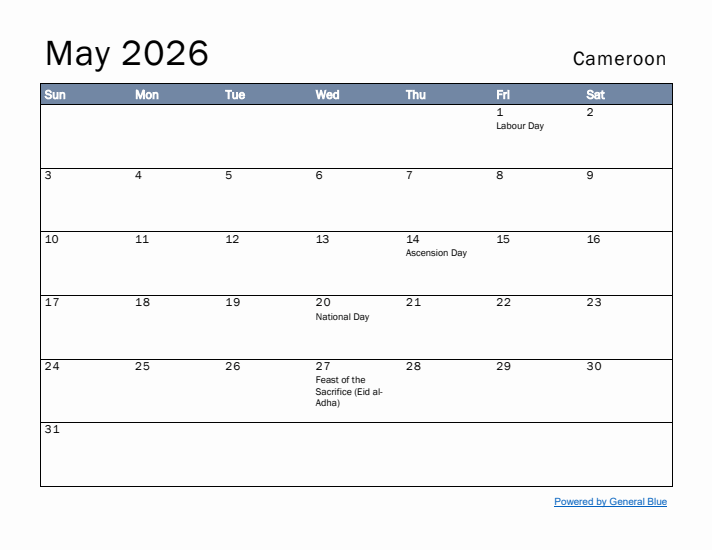 May 2026 Simple Monthly Calendar for Cameroon