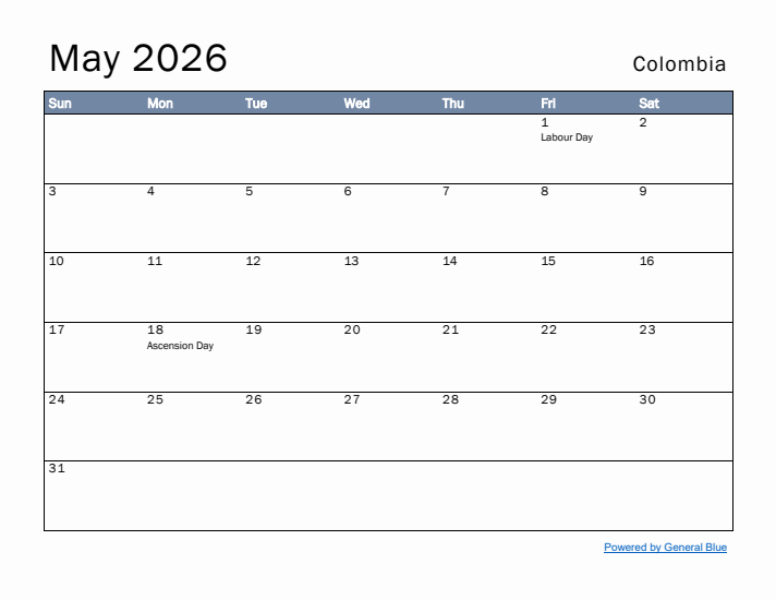 May 2026 Simple Monthly Calendar for Colombia