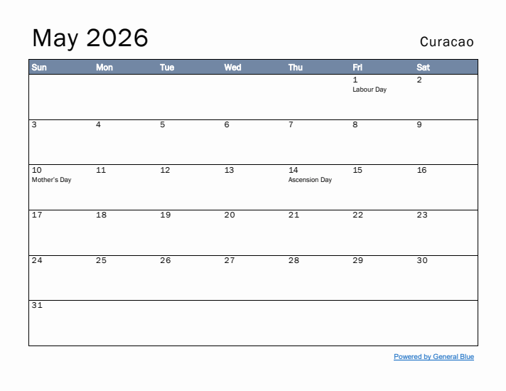 May 2026 Simple Monthly Calendar for Curacao