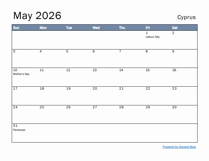 May 2026 Simple Monthly Calendar for Cyprus