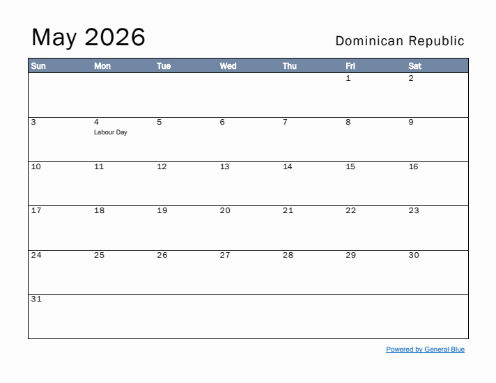 May 2026 Simple Monthly Calendar for Dominican Republic