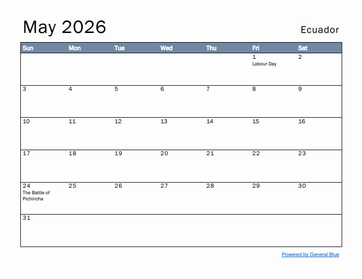 May 2026 Simple Monthly Calendar for Ecuador