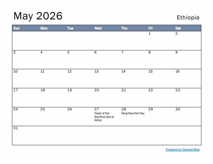 May 2026 Simple Monthly Calendar for Ethiopia