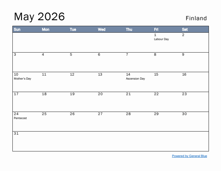 May 2026 Simple Monthly Calendar for Finland