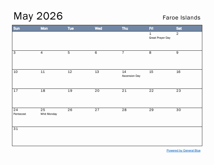 May 2026 Simple Monthly Calendar for Faroe Islands