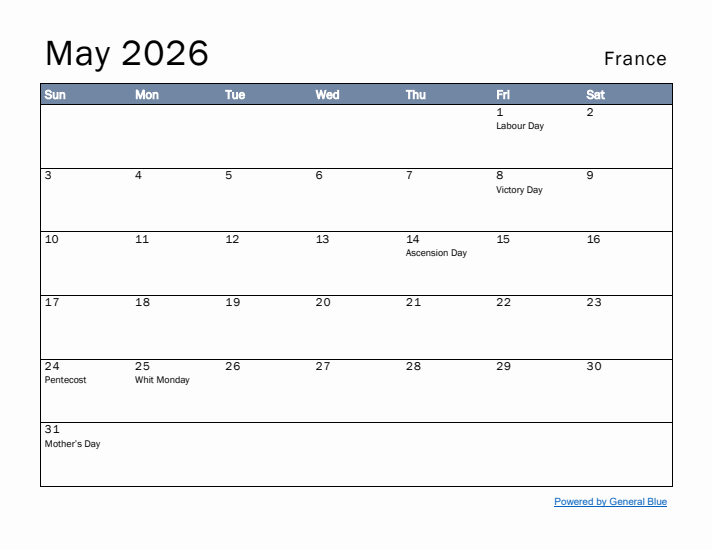 May 2026 Simple Monthly Calendar for France