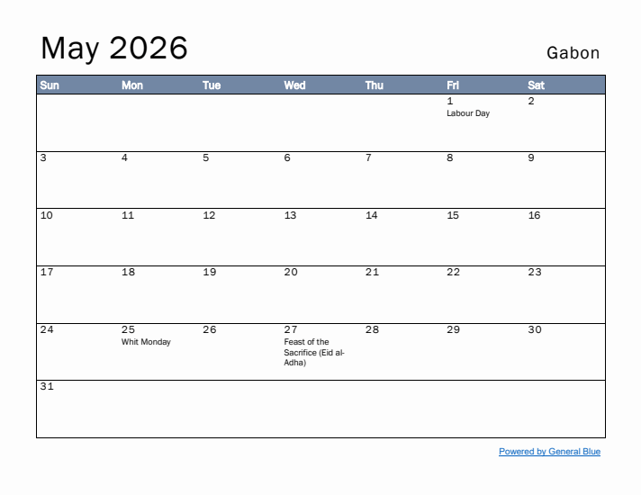 May 2026 Simple Monthly Calendar for Gabon