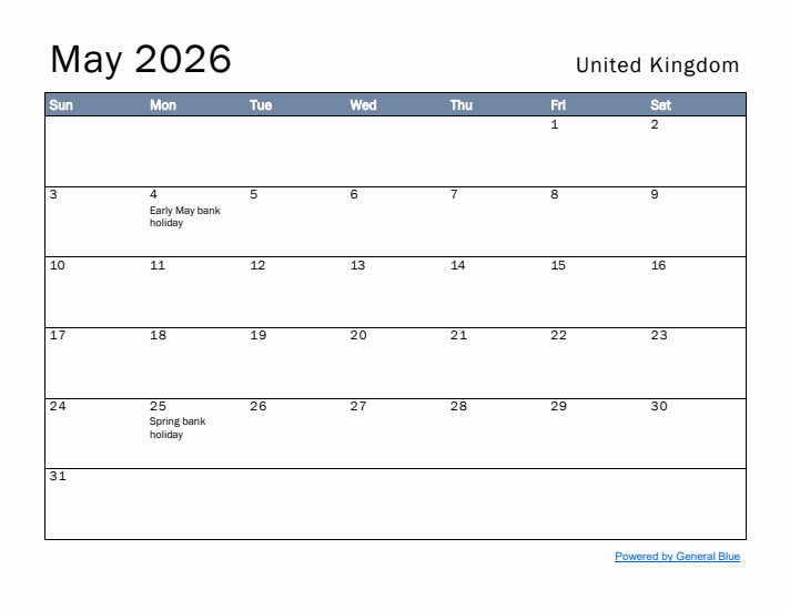 May 2026 Simple Monthly Calendar for United Kingdom