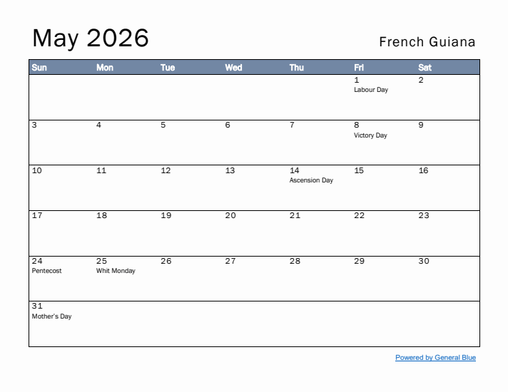 May 2026 Simple Monthly Calendar for French Guiana